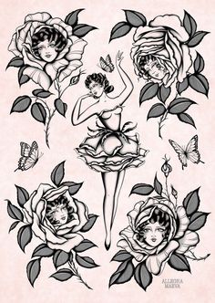 an ink drawing of a woman with flowers and butterflies on her body, surrounded by roses