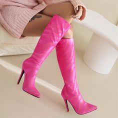 Shop Women's Pink Vegan Leather Stiletto Heel Pointed Toe Knee High Boots color Pink for Anniversary, Going out, Hanging out with worldwide Free shipping & Free return. Pink High Heeled Knee-high Boots For Party, Pink Fitted High Heel Knee-high Boots, Pink Heeled Party Boots, Fitted Pink Knee-high High Heel Boots, Pink Fitted Heeled Boots For Party, Fitted Pink Heeled Boots For Party, Spring Pink Knee-high Party Boots, Pink Knee-high Boots For Party In Spring, Pink Knee-high Boots For Spring Party