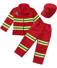 a red fireman outfit with yellow and green stripes on the chest, hat and pants