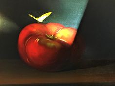 a painting of an apple with a butterfly on it's back and the image of a red apple in front