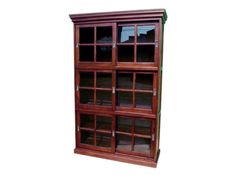 a wooden bookcase with glass doors and shelves