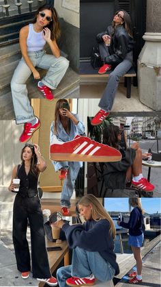 Red Adidas Outfit, Red Adidas Gazelle, Red Outfit Casual, Red Shoes Outfit, Adidas Gazelle Outfit, Adidas Outfit Shoes, Samba Outfit, Look Adidas