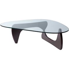 an oval glass table with wooden legs and a curved base, on a white background