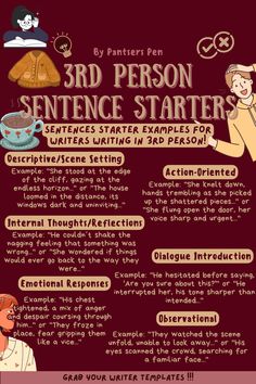 3rd Person Sentence Starters for Fiction Writers. Jumpstart your storytelling with these 3rd person sentence starters perfect for fiction writers! ✍️📚 From character introductions to vivid scene-setting, these prompts will inspire creativity and bring your stories to life. Ideal for novelists and short story writers looking to write compelling, immersive narratives. 🚀✨ #3rdPersonWriting #SentenceStarters #FictionWriting #WritingTips #CreativeWriting #AuthorGoals #StorytellingTips #WritingCommunity #WriterLife #WritingPrompts #NovelWriting #CharacterDevelopment #ShowDontTell #WritingInspiration #WritingSkills