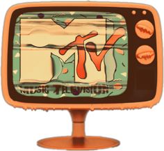 an old fashioned television with graffiti on it's screen and two orange stand legs