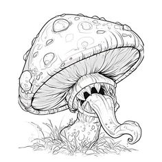 a drawing of a mushroom sitting on the ground with its mouth open and eyes closed