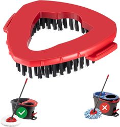 a red brush and bucket with cleaning supplies