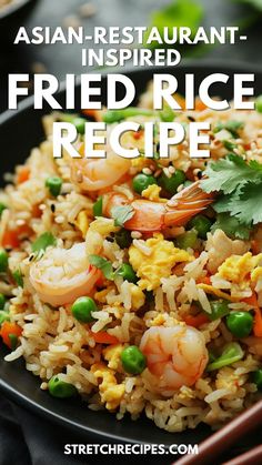 fried rice with shrimp and peas in a black bowl