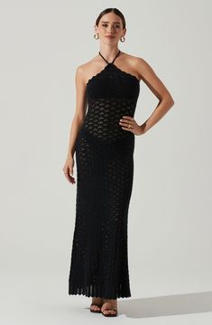 Halter neck knit maxi dress Slip on style Unlined, fully knit 71% Acrylic, 24% Viscose, 5% Polyester Dry clean only Style #ACDR101687 Crochet Halter Dress, Knit Maxi Dress, Dress Slip, Black Halter Dress, Crochet Fabric, Crochet Halter, Halter Maxi Dress, Halter Maxi, Halter Maxi Dresses