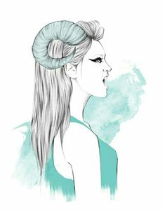 a drawing of a woman with long hair and a ponytail in her hair, wearing a blue