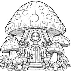 a mushroom house with lots of mushrooms on the ground coloring pages for kids, free printable