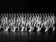 several different images of people in white bodysuits and black shoes, with one person standing