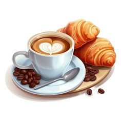 a cup of coffee and croissants on a plate