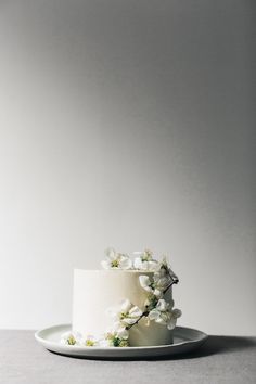 a white cake sitting on top of a plate