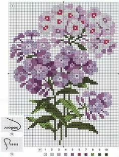 a cross stitch pattern with purple flowers on the front and bottom half of it,