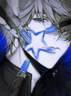 an anime character with long hair and blue eyes, holding a knife in his hand