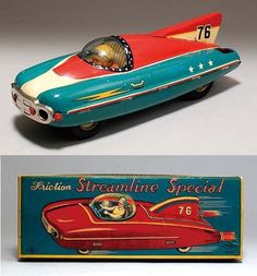 an old tin toy car with the number sixteen on it's front and side