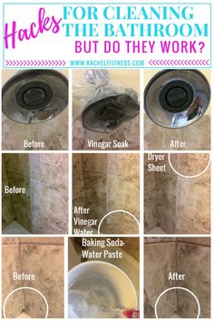 the steps to cleaning a bathroom with vinegar and other things in it, including a shower head