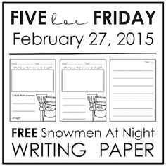 the free snowman at night writing paper is shown in black and white with text