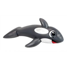 an orca whale toy with its mouth open and eyes wide open, on a white background