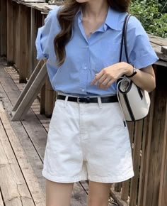 Fancy Short Dresses, Outfit Korean Style, Light Blue Shirt, Korean Outfit Street Styles, Casual Outfit Inspiration, Korean Casual Outfits, Casual Day Outfits, Interview Outfit, Casual Dinner Outfit