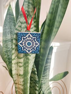 a blue and white ornament hanging from a plant with red ribbon on it