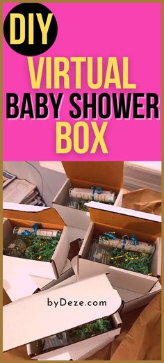 a box filled with baby shower items and the words diy virtual baby shower box