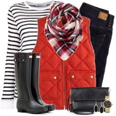 I love this outfit, but with black riding boots instead of rain boots. Shirt Scarf, Homecoming Outfit, Red Puffer Vest, Red Puffer, Vest Outfit, Outfit Christmas, Red Vest, Christmas Outfits