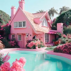 a pink house next to a swimming pool with flowers in the foreground and palm trees behind it