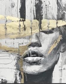 an abstract painting of a woman's face with yellow and black lines on it