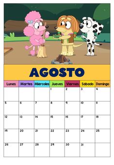 a calendar for the month agosto with pictures of dogs and cats on it in spanish