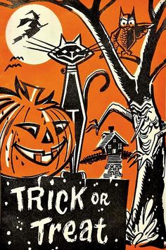 a trick or treat sign is shown in front of an orange background with black and white graphics