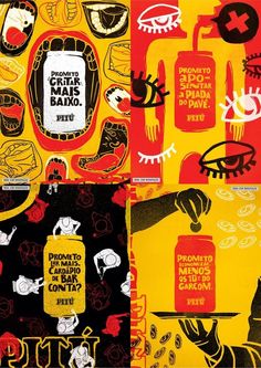 a collage of different types of food and things in red, yellow, black and white