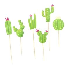 green cactus picks with pink flowers and leaves on white sticks in the shape of cacti