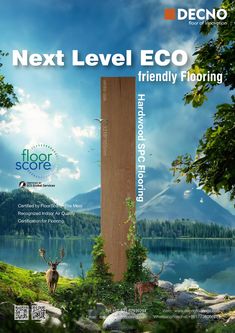 an advertisement for the next level eco friendly flooring product, featuring deer and trees