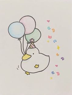 a drawing of a duck holding balloons in its beak and wearing a party hat on it's head