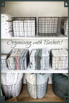 some baskets are stacked on top of each other and the words organizing with baskets above them