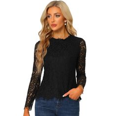 Add a bit of femininity to your look with the ruffle round-neck lace top. It features a long sleeve form, a ruffle neck, and lace fabric. It perfectly matches everyday jeans and skirts for a weekend casual look. A lace top puts a feminine spin on any day or night look with a charming feminine silhouette. Good options for parties, sweet dating, shopping, festivals, banquets, office outfits, casual wear, and daily outfits. Everyday Jeans, Womens Lace Tops, Lace Blouse Long Sleeve, Black Floral Blouse, Black Lace Top, Lace Top Long Sleeve, Lace Long Sleeve, Feminine Silhouette, Lace Shirt