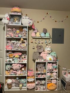 a room filled with lots of different kinds of stuffed animals on shelves next to each other