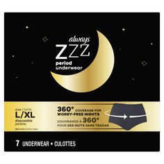 Dreaming about a worry-free night’s sleep but thoughts of leaks keeping you up? Discover Always ZZZ Overnight Disposable Period Underwear Size LG, with 360° coverage for worry-free nights, no matter how you sleep. Forget about extra pads, tampons or covering your bed with towels — Always ZZZ absorbs as much as five Always Ultra pads, so there’s no backup required. Don’t worry about how you sleep as the period underwear stays in place thanks to the panty-like fit. The silky soft and breathable material makes you feel like you’re wearing regular underwear. Catch some Z’s with Always ZZZ Overnight Period Underwear. Period Underwear Personal Care Always Maxi Pads, Feminine Pads, Alternative Disney Princesses, Maxi Pad, Pads Tampons, Neutral Baby Clothes, Health Tools, Women's Spurs, Sleeping Pads