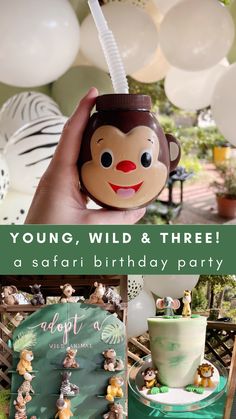 there is a birthday party with balloons and decorations on the table, including a monkey mask