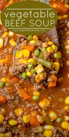 vegetable beef soup in a bowl with a spoon