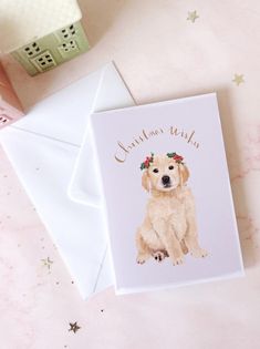 a christmas card with a golden retriever wearing a flower crown