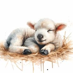 a painting of a baby lamb laying on top of hay