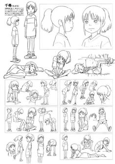 an anime storyboard showing various poses and expressions for the character's appearance in the animation