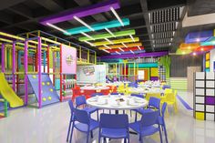 the interior of a brightly colored restaurant with tables and chairs