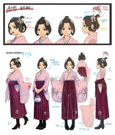 an anime character with different hair styles and makeup looks like she is wearing a kimono