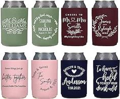 six different styles of can coolers with names on each one and the same color