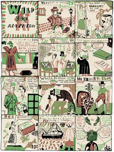 an image of people and animals in different scenes from the same fabric, with words on them