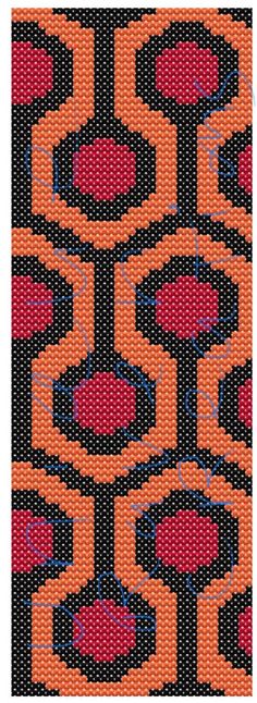 an orange and black cross stitched pattern with red hearts on it's side